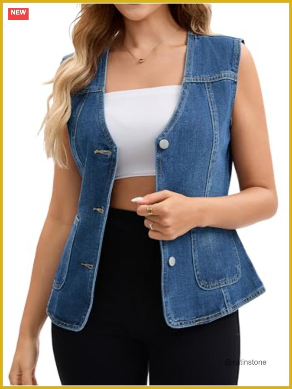 Womens Denim Vest V Neck Sleeveless Jean Jacket Button Down Patch Pockets